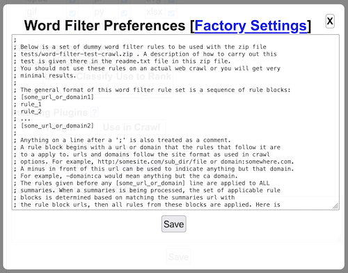 Word Filter Configure Page