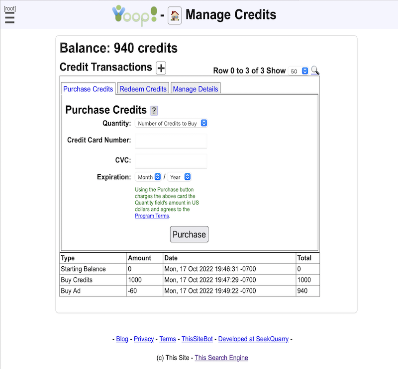 Manage Credit Purchase Tab